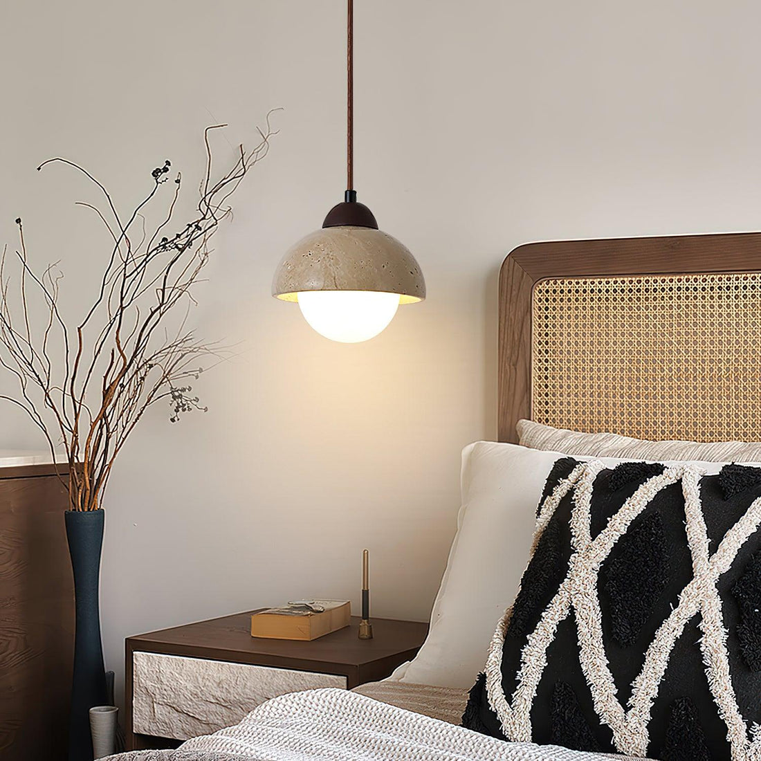 Suspension Bois Dessus Jaune Travertin Verre Blanc Beige Moderne