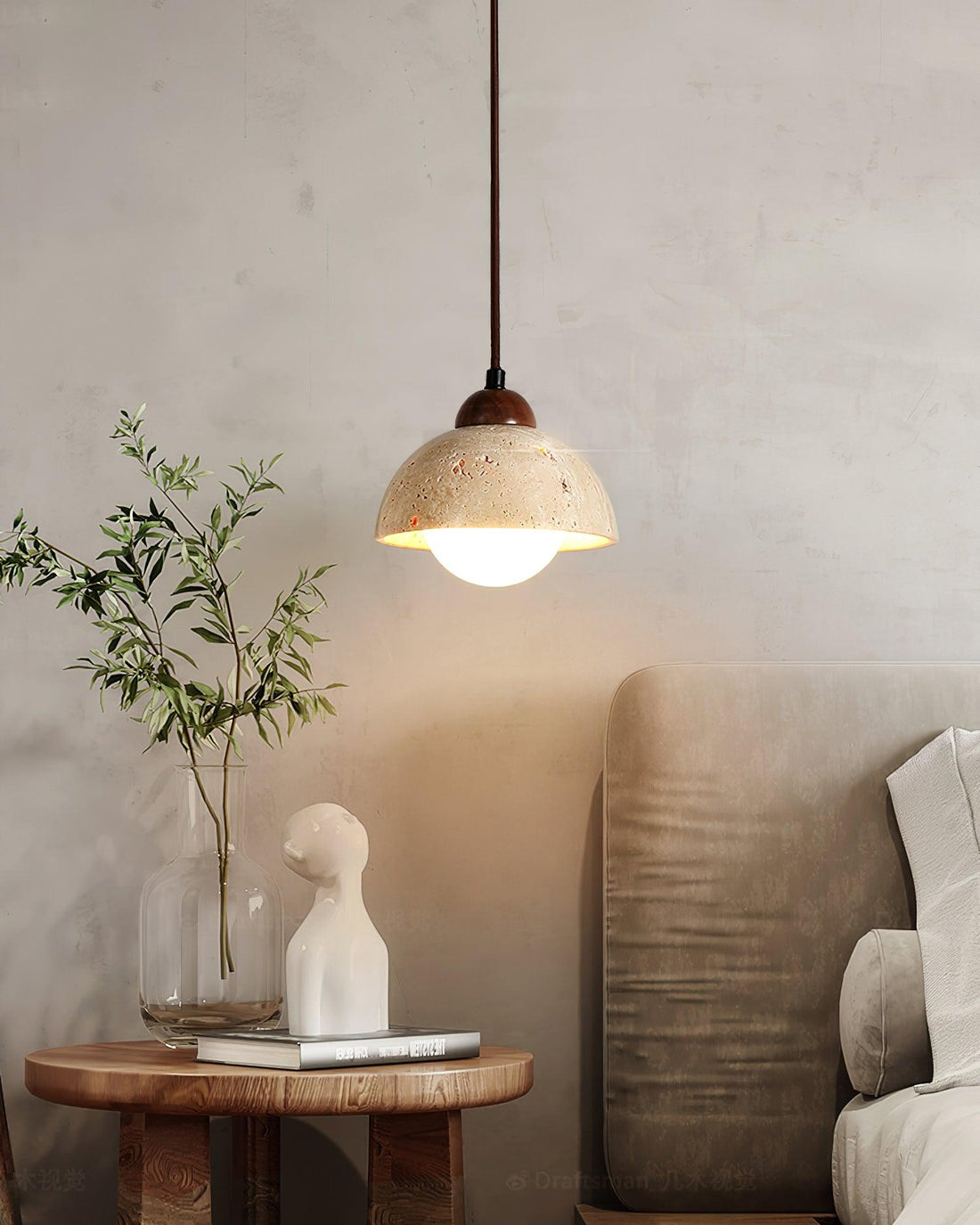 Suspension Bois Dessus Jaune Travertin Verre Blanc Beige Moderne