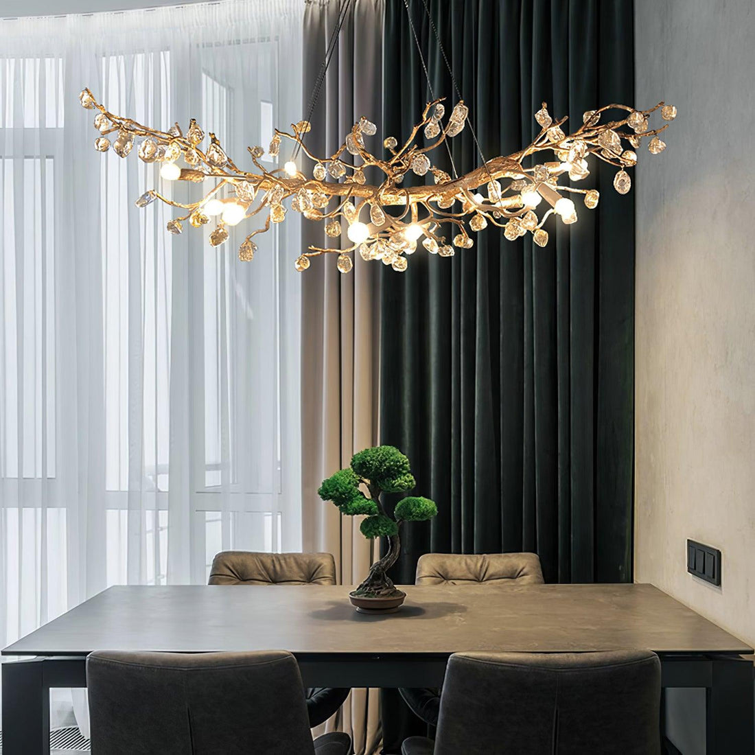 Arborea Lustre en Laiton à Branches et Cristaux