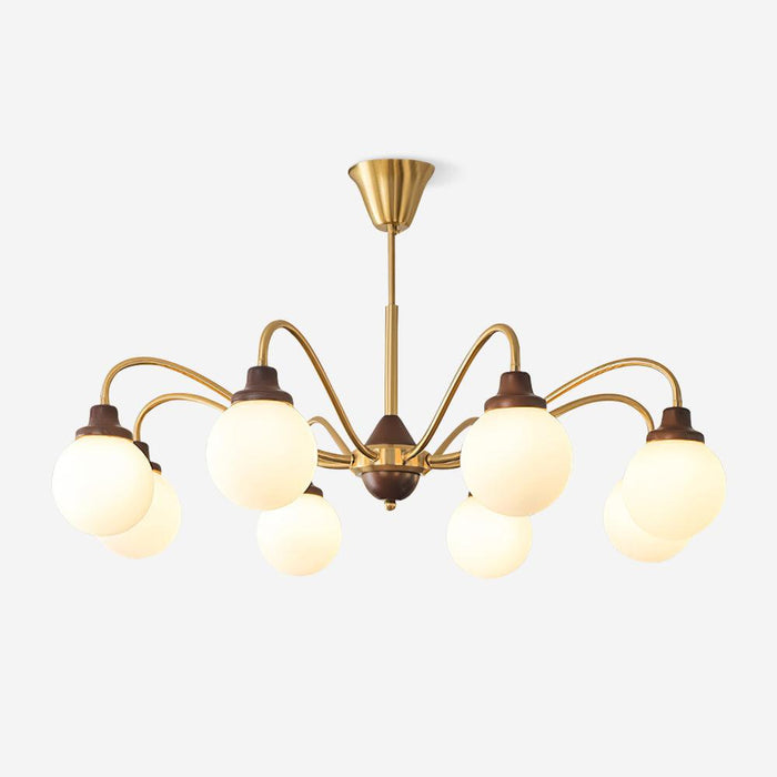 Lustre doré Avec Bras en Bois de Frêne et Globes en Verre Blanc, Style Rétro