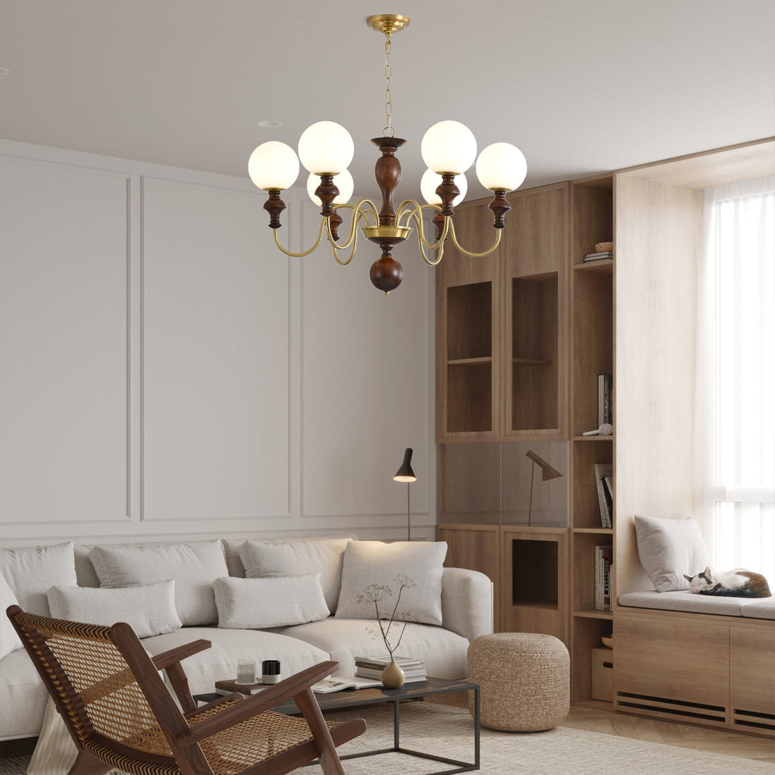 Lustra Lustre Bois Laiton Globe Intemporel