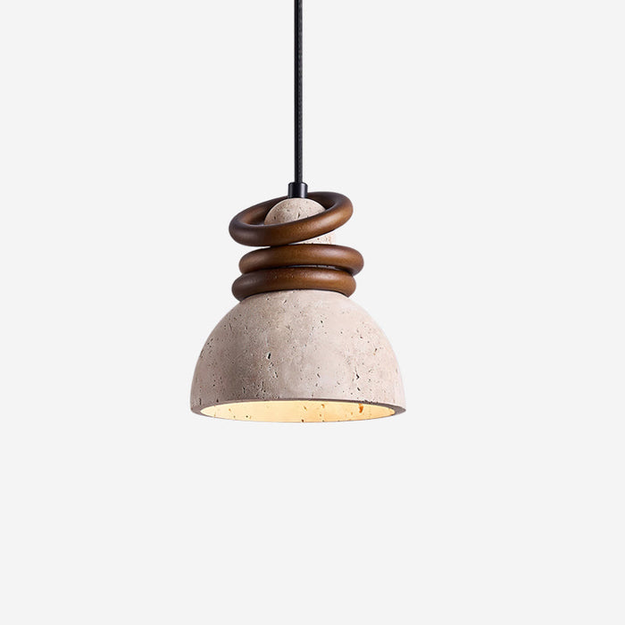 Lampe Suspension Dôme en Travertin Anneaux en Bois de Noyer Ambiance Minimaliste