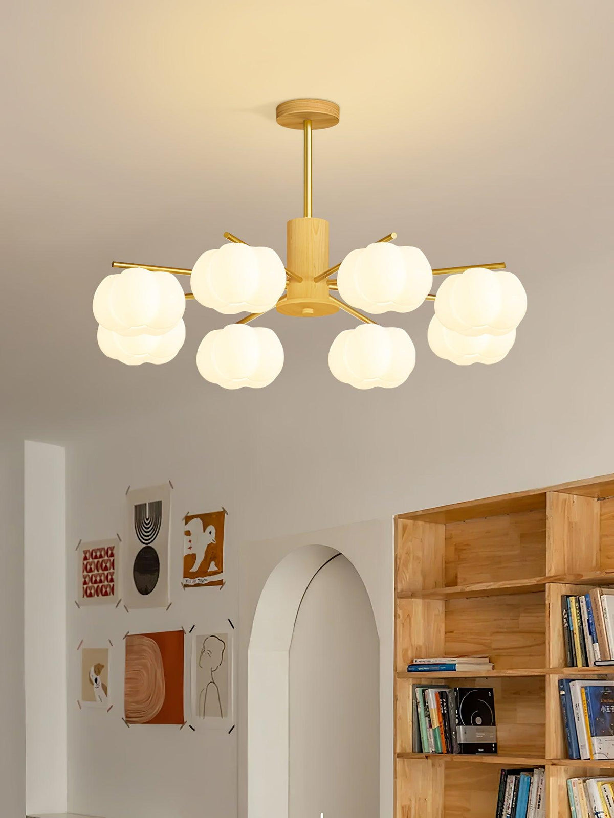Lustra Lustre Boules de Coton Bois Doré PE