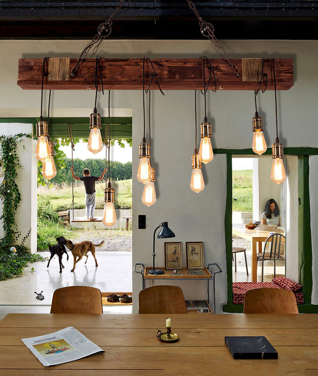 Lustra Lustre Poutre en Bois Ampoule Edison Rustique