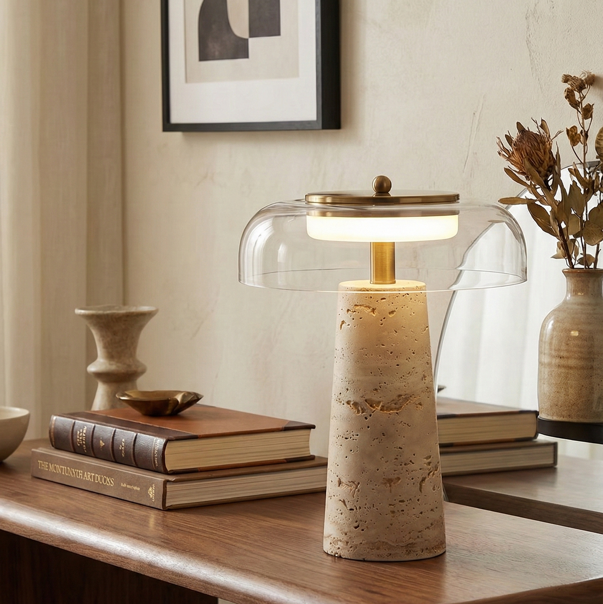 Lampe en Travertin et Verre Transparent – Travénoir